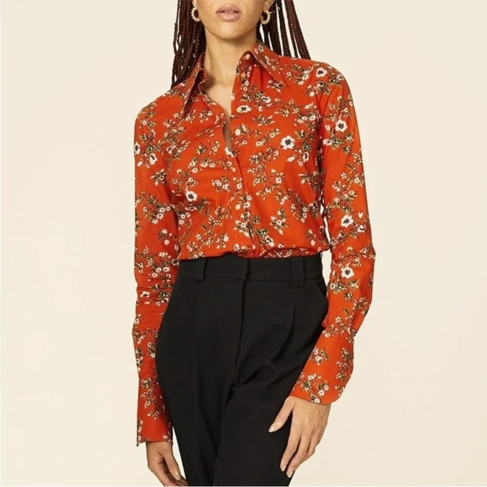 Tory Burch 100% Cotton Orange Floral Classic Oxford Button Down Shirt - Picture 3 of 17